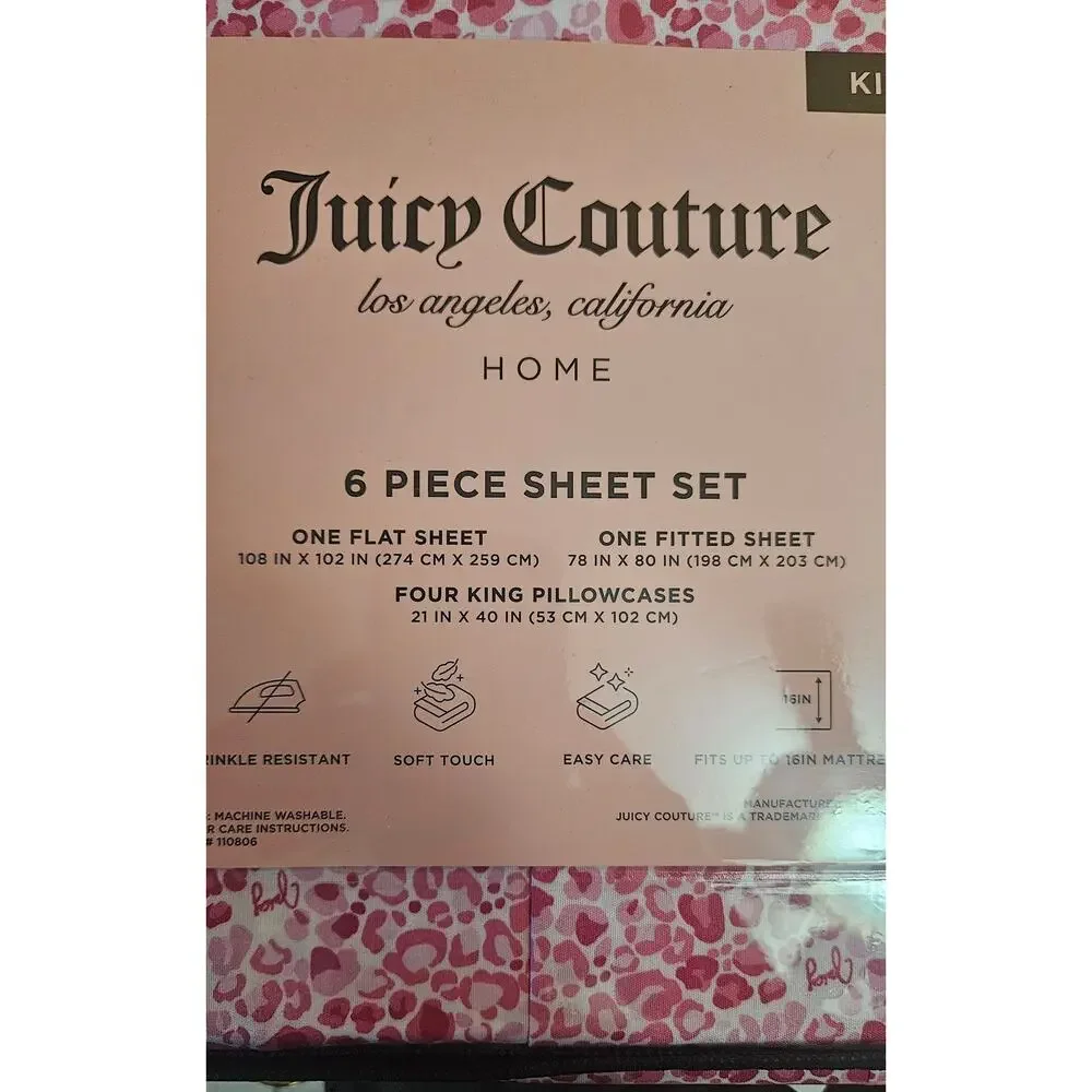 Juicy Couture 6 piece King Size Sheet Set Leopard Cheetah Pink NIP Animal